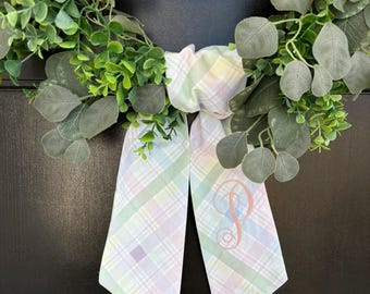 Easter Plaid Wreath Sash | Embroidered Pastel Plaid Wreath Sash | Embroidered Easter Wreath Scarf | Monogram Spring Plaid Wreath Sash