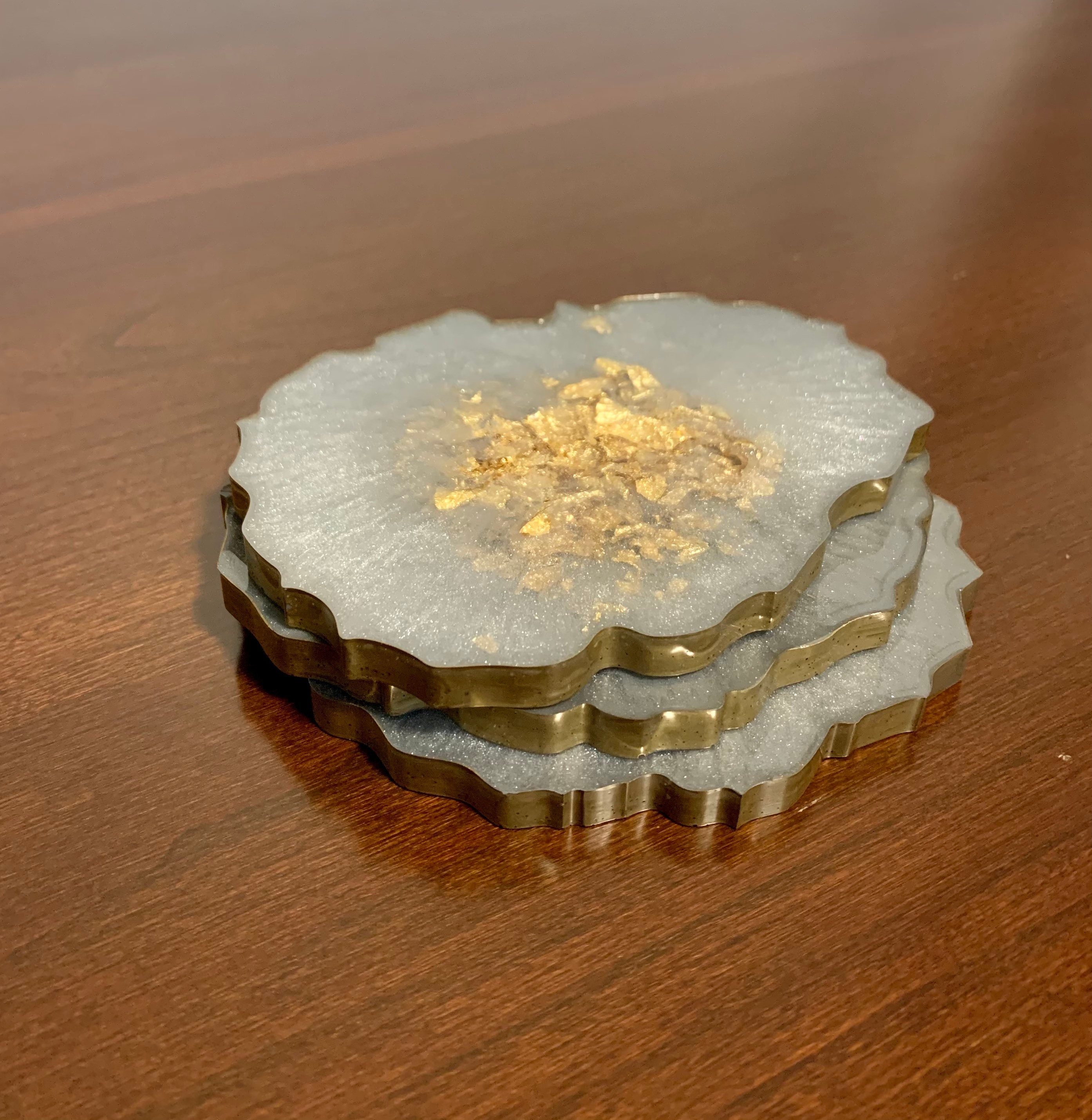 Set of 2 Gray and Gold Resin Coasters handmade resin Etsy