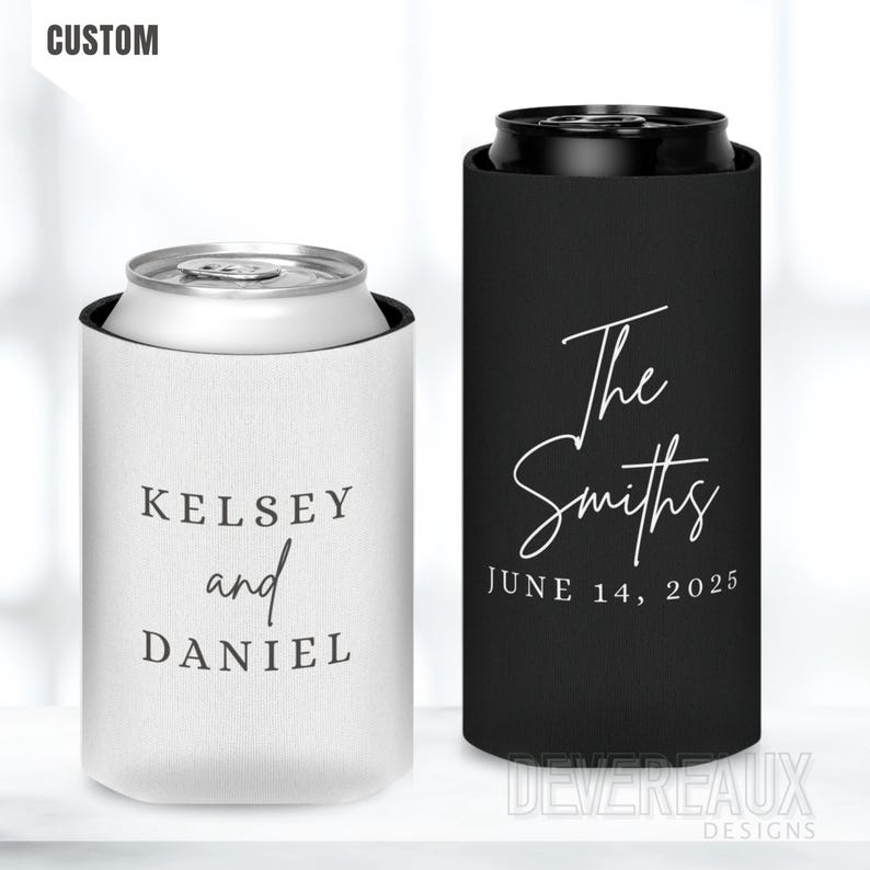 Custom Wedding Can Cooler, Party Favors for Guests, Beer Coozie, Bulk Reception Gift, Bridal Shower Koozie, Personalized Anniversary, Holder