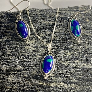 Azurite Malachite Long Oval Earring And Pendant Necklace Set/Handmade In USA