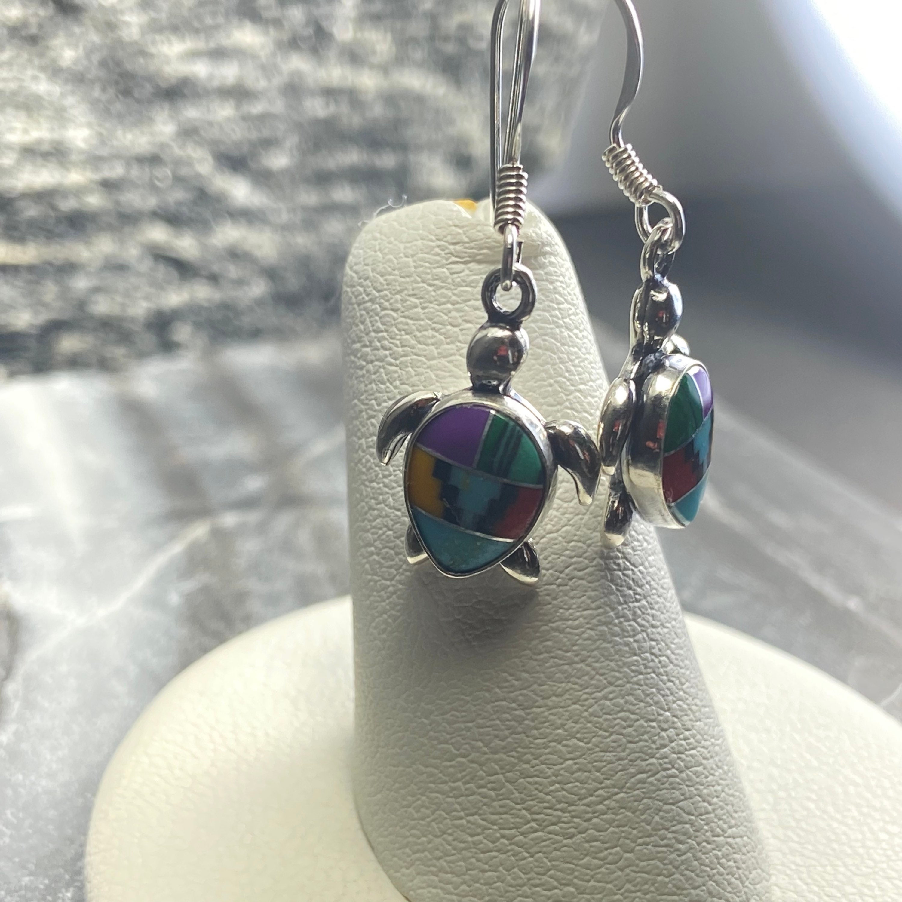 Sea Turtle Inlay Multi Color Inlay Sea Turtle Dangle Earrings/dainty Turtle Drop Earring ...