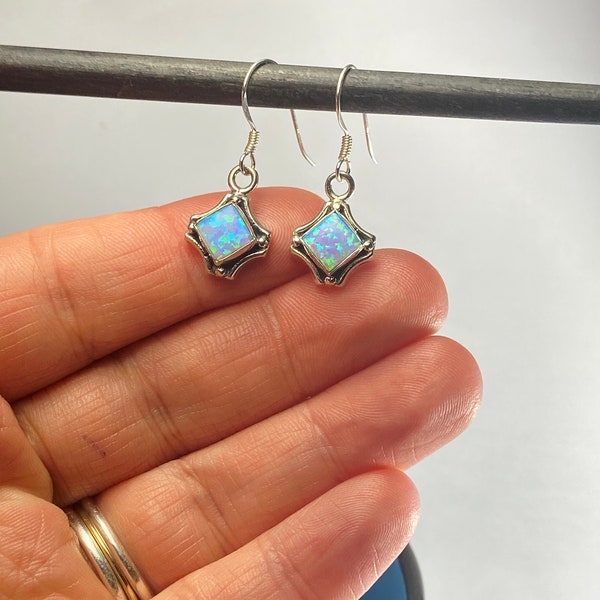 Baby Blue Fire Opal Drop Earrings/Blue Square Dangle Earring/Hanging Fire Light Blue Opal/Blue Gemstone Pendant Earring/Blue Stone Droplet