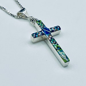 Dainty Multi color opal inlay Pendant necklace/white blue black green orange fire opal/small cross necklace/handmade jewelry/for her/ gift