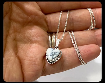 White Buffalo Heart Pendant Necklace/White Turquoise Necklace/Howlite/Box Chain/Sterling Silver/Handmade In USA/Heart Jewelry
