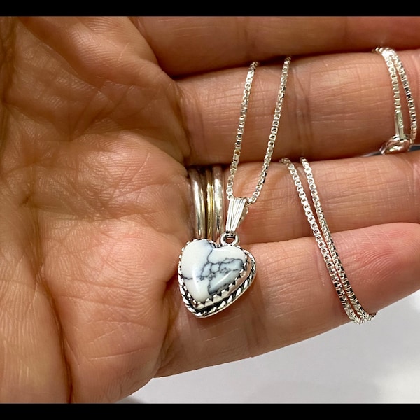 White Buffalo Heart Pendant Necklace/White Turquoise Necklace/Howlite/Box Chain/Sterling Silver/Handmade In USA/Heart Jewelry