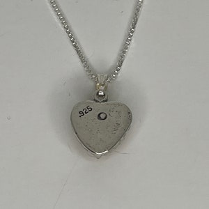 Puede incluir: Un collar de plata con un colgante en forma de coraz&oacute;n y una cadena. La parte posterior del colgante est&aacute; estampada con el n&uacute;mero "925".