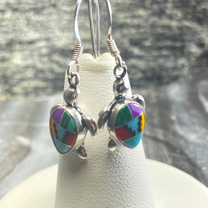 Sea Turtle Inlay Multi Color Inlay Sea Turtle Dangle Earrings/dainty Turtle Drop Earring ...