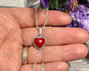 Red Coral Heart Pendant Necklace,Coral Heart Necklace,Sterling Silver,Red Stone Charm Necklace,Handmade In USA,Gift for Mom