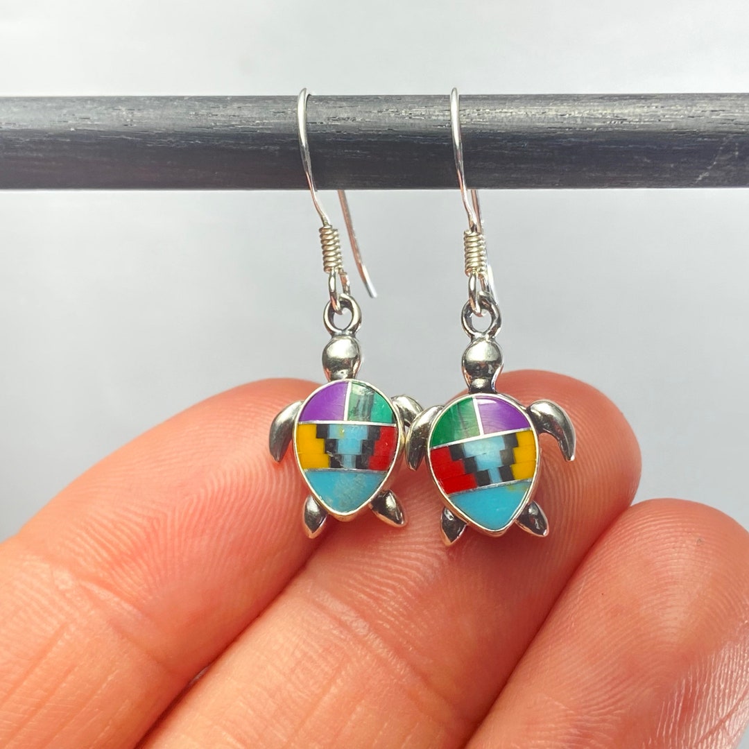 Sea Turtle Inlay Multi Color Inlay Sea Turtle Dangle Earrings/dainty Turtle Drop Earring ...