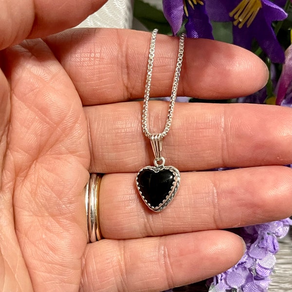 Black Onyx Heart Pendant Necklace/Black Stone Heart Charm Necklace/Box Chain/Sterling Silver/Handmade In USA/Heart Jewelry