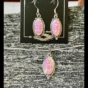 Pink Fire Opal Long Oval Earring And Pendant Necklace Set/Handmade In USA