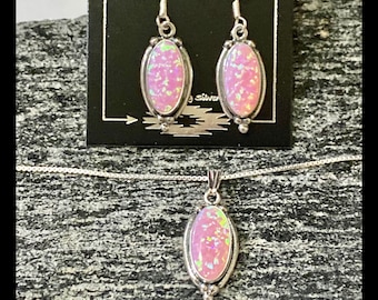 Pink Fire Opal Long Oval Earring And Pendant Necklace Set/Handmade In USA