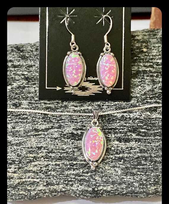 Pink Fire Opal Long Oval Earring And Pendant Necklace Set/Handmade In USA