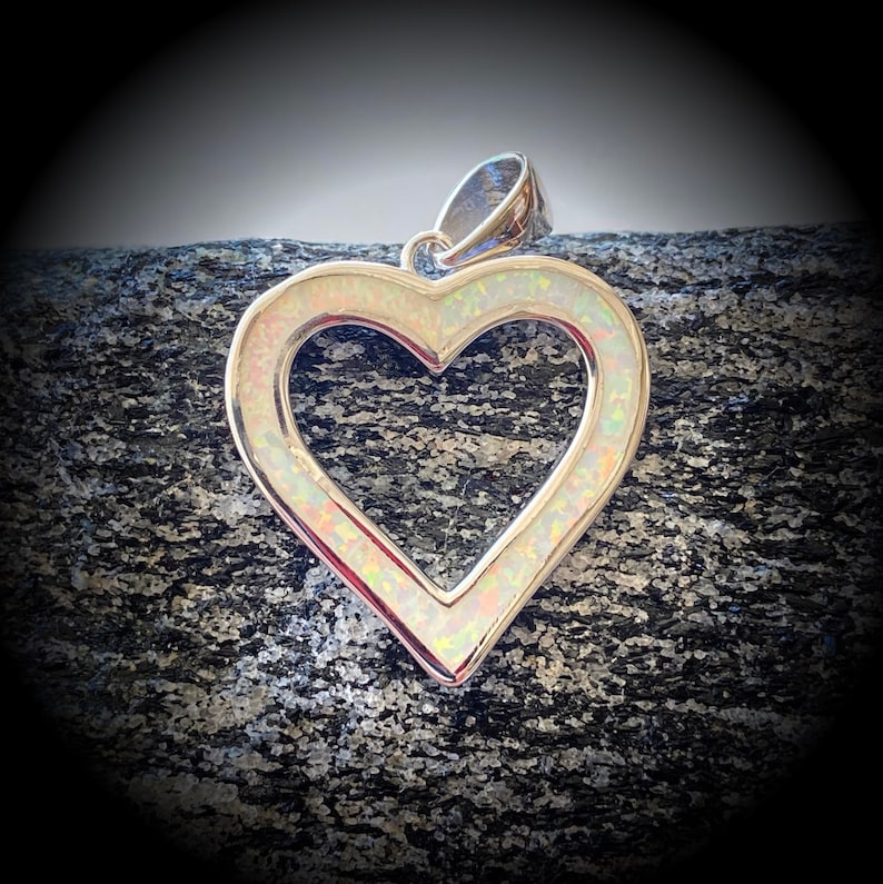 White Opal Heart Charm NecklaceWhite Opal Inlay HeartDainty Fire Opal PendantSmall Heart NecklaceMade In USAGift For Mom