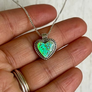 Green Fire Opal Heart Pendant Necklace/Green Opal heart Necklace/Box Chain/Sterling Silver/Handmade In USA/Heart Jewelry/Sparkling Necklace