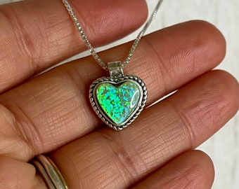 Green Fire Opal Heart Pendant Necklace/Green Opal heart Necklace/Box Chain/Sterling Silver/Handmade In USA/Heart Jewelry/Sparkling Necklace