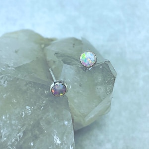 4mm White opal Stud Earring/Sterling Silver/Dainty earring/Handmade in the USA