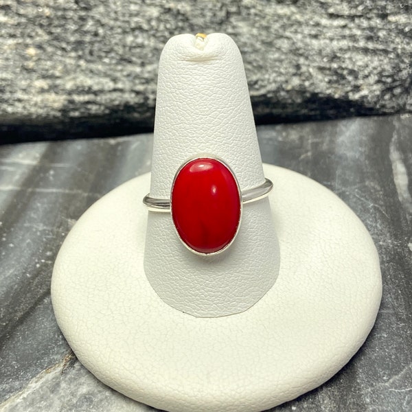 Large Red Coral Statement Ring/10mmx14mm Oval Cocktail Ring/Handmade Jewelry/Made in USA