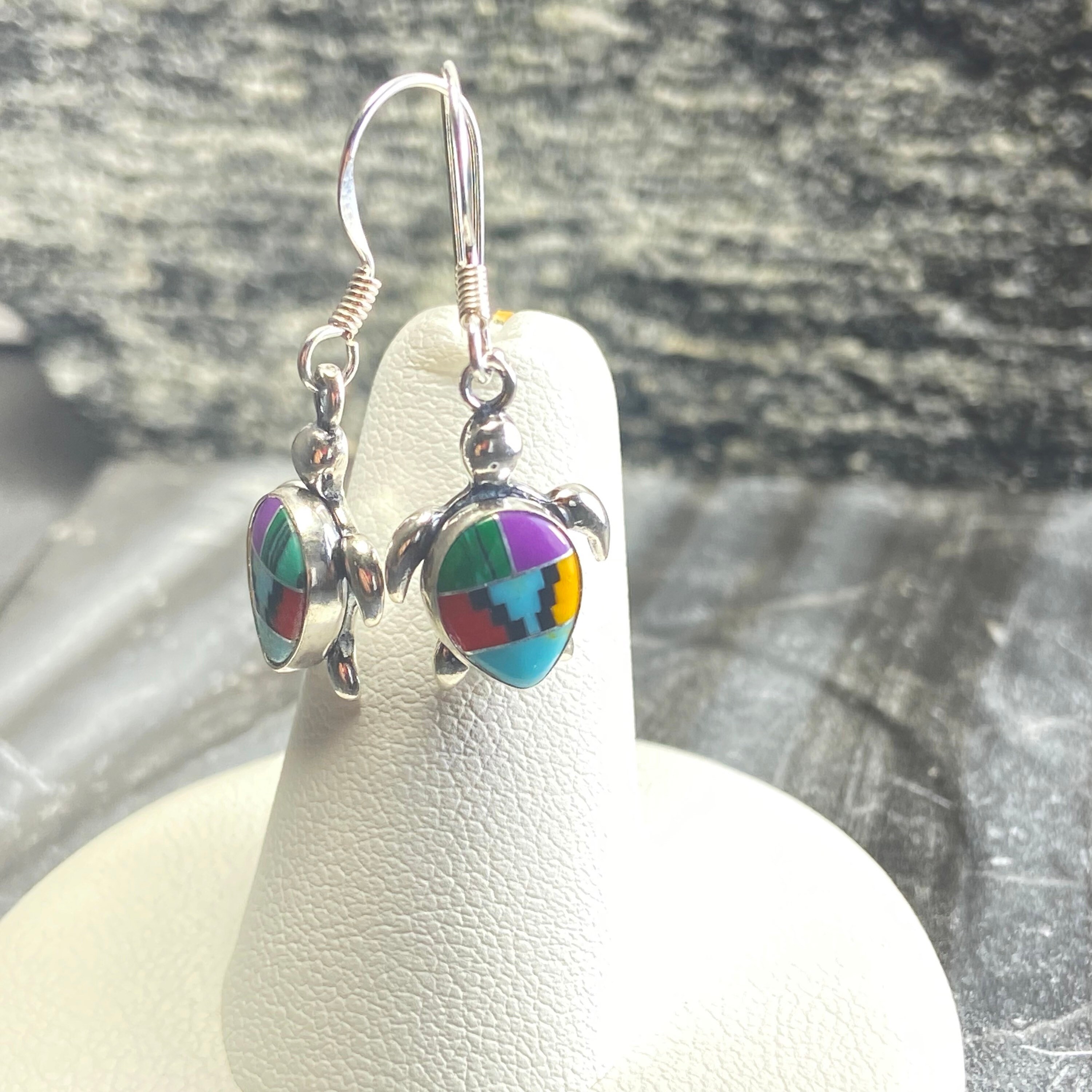 Sea Turtle Inlay Multi Color Inlay Sea Turtle Dangle Earrings/dainty Turtle Drop Earring ...