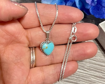 Turquoise Heart Pendant Necklace/Blue Turquoise Necklace/Turquoise Heart/Box Chain/Sterling Silver/Handmade In USA/Heart Jewelry