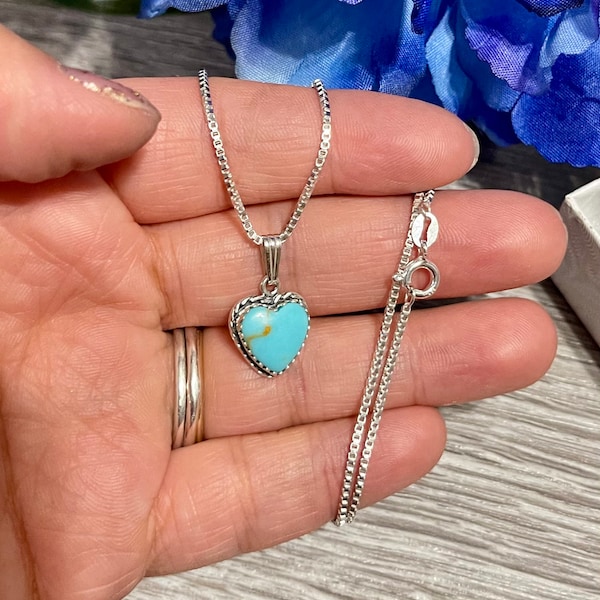 Turquoise Heart Pendant Necklace/Blue Turquoise Necklace/Turquoise Heart/Box Chain/Sterling Silver/Handmade In USA/Heart Jewelry