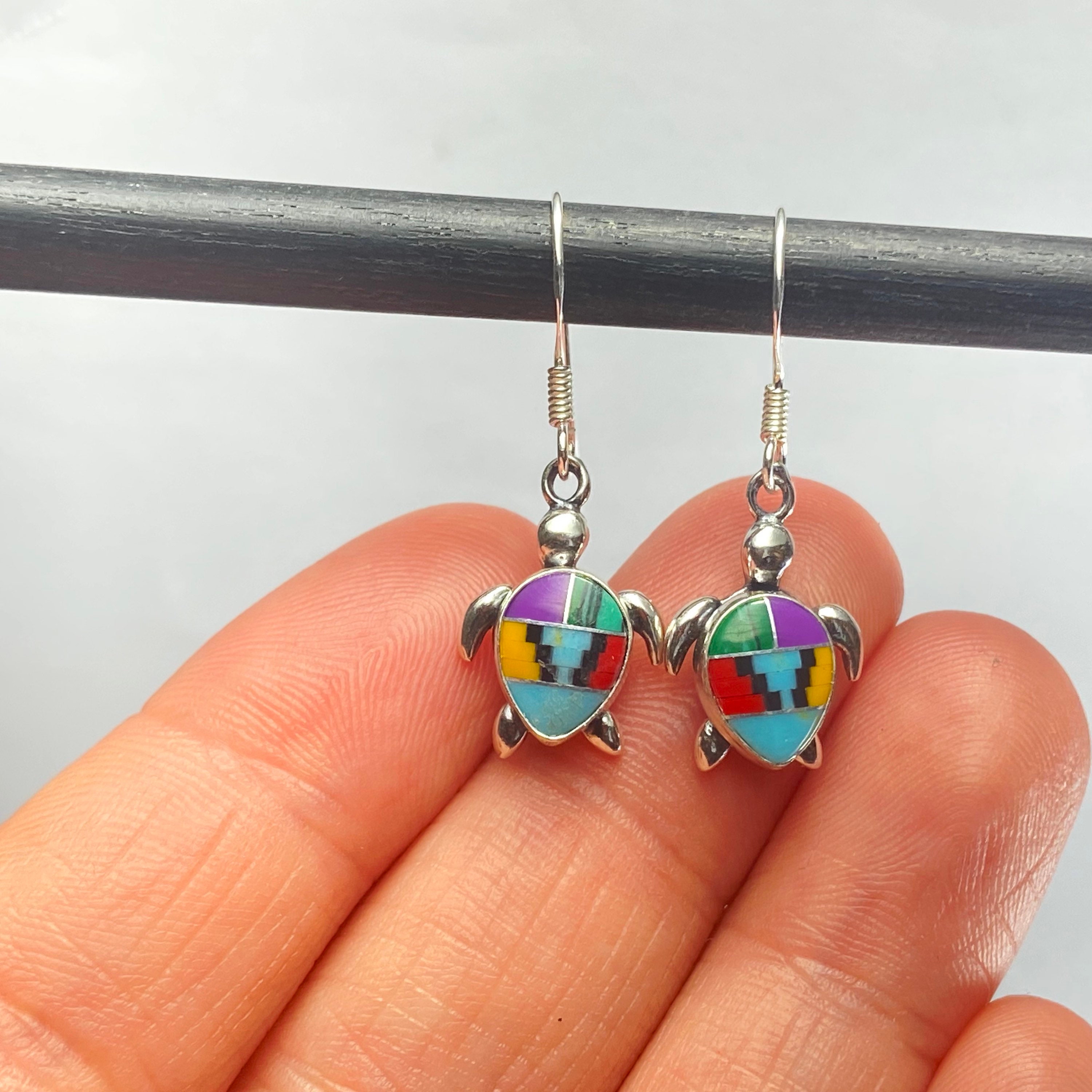 Sea Turtle Inlay Multi Color Inlay Sea Turtle Dangle Earrings/dainty Turtle Drop Earring ...