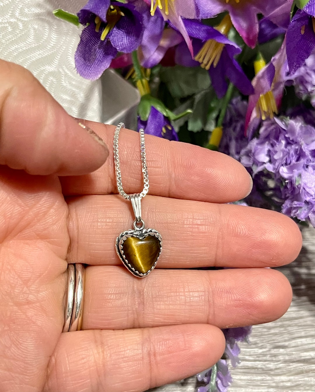 10mm Tiger’s Eye Heart Pendant Necklace,tiger Eye Heart Necklace,sterling  Silver,gemstone Charm Necklace,handmade in USA Finland
