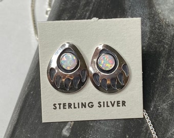 White Fire Opal Bear Paw Stud Earring/Bear Claw Earring/Sterling Silver/Made In America/Handmade Jewelry/For Her