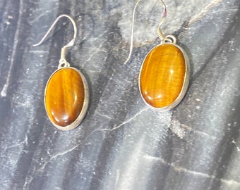 Tiger Eye Dangle Earring/13mm x 18mm Oval Tiger Eye Earring/Oval Drop Earring/Handmade In USA