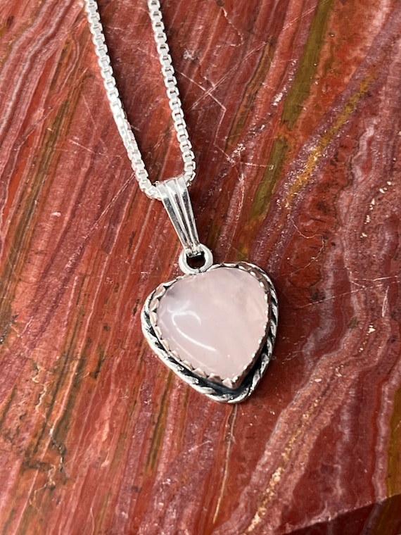 Rose Quartz Heart Pendant Necklace/Pink heart Necklace/Box Chain/Dainty Heart/Small Heart/Sterling Silver/Handmade In USA/Heart Jewelry