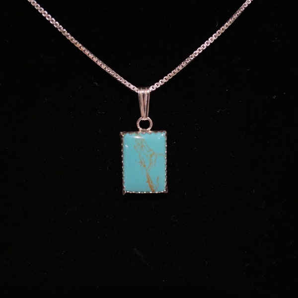 Turquoise Pendant Necklace/10mm x 14mm Rectangle Blue turquoise Necklace /Box Chain/Sterling Silver/Handmade In USA