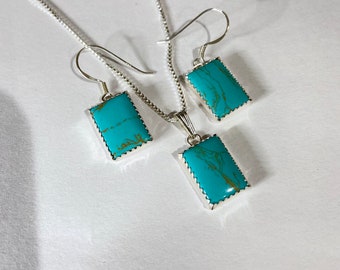 Turquoise Jewelry Set/10mm x 14mm Turquoise Necklace/turquoise Earring/Turquoise drop earring/dangle/earring/Sterling Silver/Handmade In USA
