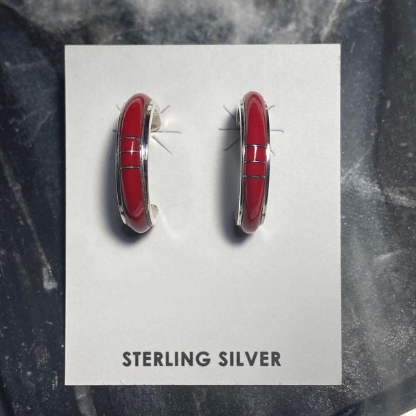 Small Hoop Earrings/Red Coral/Inlay Hoop Earrings/Red Hoop Earring/Sterling Silver/Hanging Hoops/Ready To Ship/Free Shipping