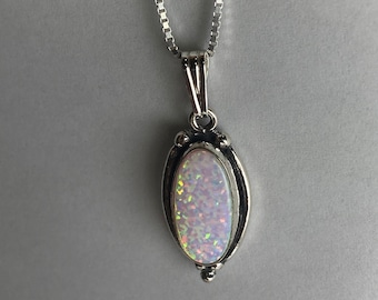 Sterling silver fire opal necklace /dainty/long oval pendant/boho, for her, gift