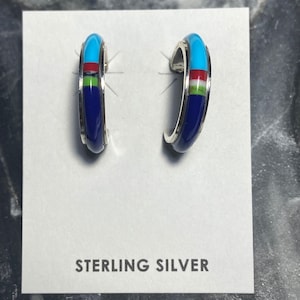 Dainty Hoop Earrings/Multi-stone Inlay/Lapis/Turquoise/Gaspeite/Coral/hanging Hoops/Sterling Silver/Free Shipping/Ready To Ship
