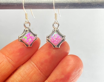 Bedazzling Pink Fire Opal Drop Earrings/Pink Square Dangle Earring/Hanging Fire Pink Opal/Pink Gemstone Pendant Earring/Pink Stone Droplet