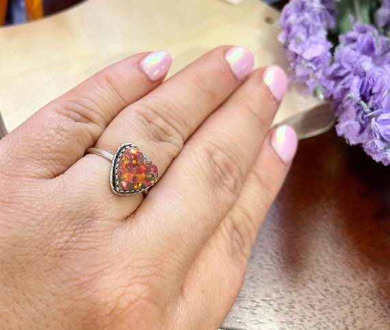 Red Fire Opal Heart Ring/Red Opal Ring/Heart Ring/Handmade Jewelry/for her/Dainty Heart/Cute heart Ring/mother’s day gifts/
