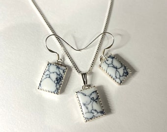 White Turquoise Dangle Earring/10mm x 14mm White Buffalo Necklace/Howlite Earring/White Buffalo jewelry Set/Sterling Silver/Handmade In USA