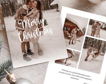 May include: Two Christmas cards with photographs. One card features a couple in the snow with "Merry Christmas" in white script. The other card has four smaller photos of the couple with a holiday message.