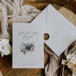 Plantilla de certificado de regalo de fotografía, plantilla de Canva de tarjeta de regalo de fotógrafo minimalista, vale de regalo de fotografía moderna, tarjeta de regalo editable