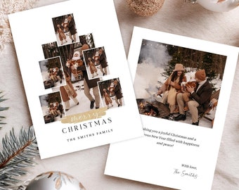 May include: Two white Christmas cards with photographs and text. One card features a collage of family photos arranged in a tree shape with the words "Merry Christmas" and "The Smiths Family." The other card has a photo of a couple by a fire.