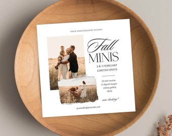 Könnte beinhalten: Ein weißer Flyer mit einem zerrissenen Randdesign, der Herbst-Minis-Fotoshootings ankündigt. Der Flyer enthält ein Foto einer Familie auf einem Feld, den Text "Fall Minis", die Daten "2. & 3. Februar" und den Satz "Begrenzte Plätze".