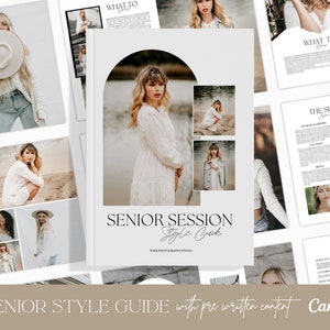 Senior Photography Style Guide CANVA, Senior session prep guide, Pricing Guide, Photography Client Guide, What to wear, Marketing brochure