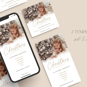 Può includere: Uno smartphone mostra una grafica promozionale per sessioni fotografiche Christmas Mini. Il design presenta un bambino vicino a un albero di Natale, con testo dorato "Christmas MINIS". Sono visibili anche altre schede promozionali.