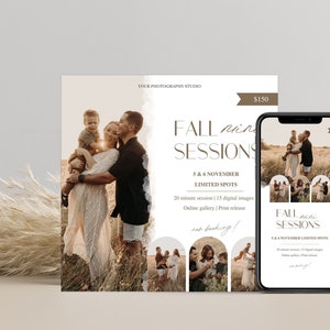 Fall Mini Session Template, Autumn mini session, Family mini session, Instagram post and story, Photography marketing board, CANVA TEMPLATE