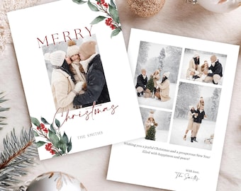 May include: A two-sided Christmas greeting card featuring watercolor holly and berry illustrations. The front displays a family photo with the text Merry Christmas and The Smiths. The back includes three smaller photos and the text Wishing you a joyful Christmas and a prosperous New Year filled with happiness and peace! With love, The Smiths.