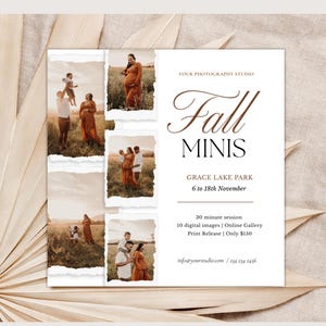 以下が含まれることがあります： 写真スタジオのプロモーションチラシで、エレガントな筆記体で「Fall MINIS」と書かれています。チラシには、破れたフレームに入った家族写真と、11月6日から18日までグレースレイクパークでの30分間のセッションの詳細が含まれています。
