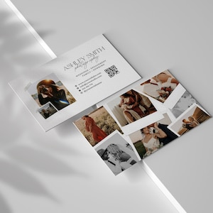 Modelo de cartão de visita de fotografia, cartão de visita de fotógrafo, modelo Canva, cartão de visita com código QR, folheto de marketing