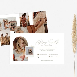 Modelo de cartão de visita de fotógrafo, design de cartão de visita de fotografia Boho, modelo Canva, cartão de visita horizontal, folheto de marketing