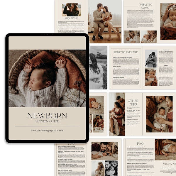 Newborn Session Prep Guide, Newborn Pre-written welcome Guide, Newborn pricing guide, Magazine Template for CANVA, Marketing Brochure